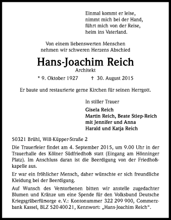 Anzeige von Hans-Joachim Reich von Kölner Stadt-Anzeiger / Kölnische Rundschau / Express
