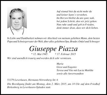Anzeige von Giuseppe Piazza von Kölner Stadt-Anzeiger / Kölnische Rundschau / Express