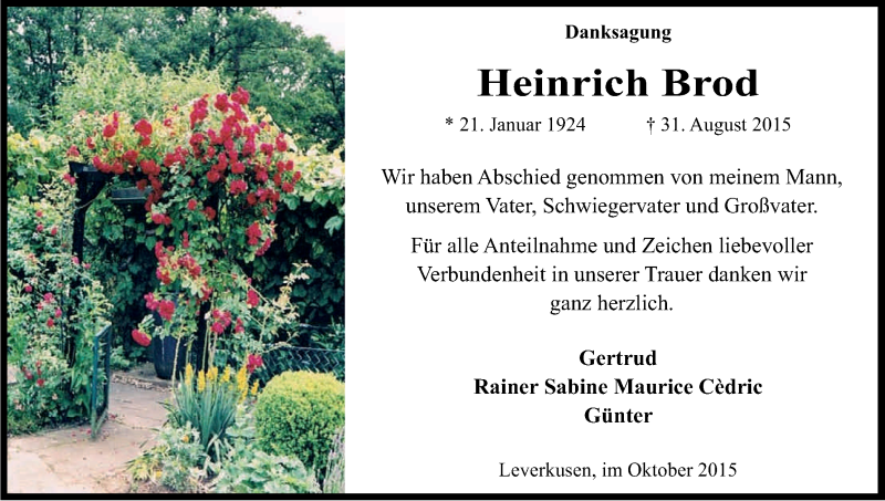  Traueranzeige für Heinrich Brod vom 24.10.2015 aus Kölner Stadt-Anzeiger / Kölnische Rundschau / Express