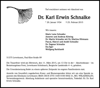 Anzeige von Karl Erwin Schnalke von Kölner Stadt-Anzeiger / Kölnische Rundschau / Express