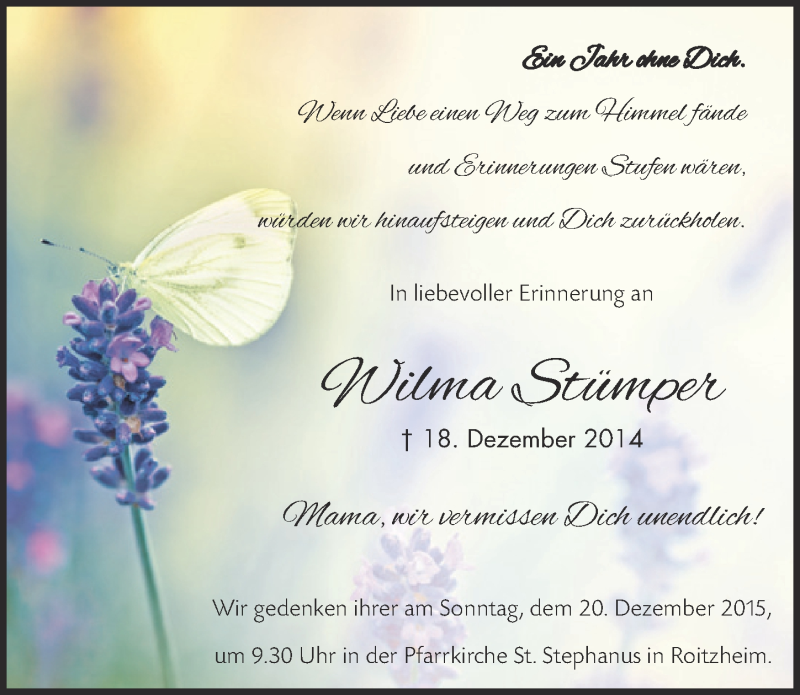  Traueranzeige für Wilma Stümper vom 13.12.2015 aus  Blickpunkt Euskirchen 