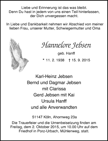 Anzeige von Hannelore Jebsen von  Kölner Wochenspiegel 