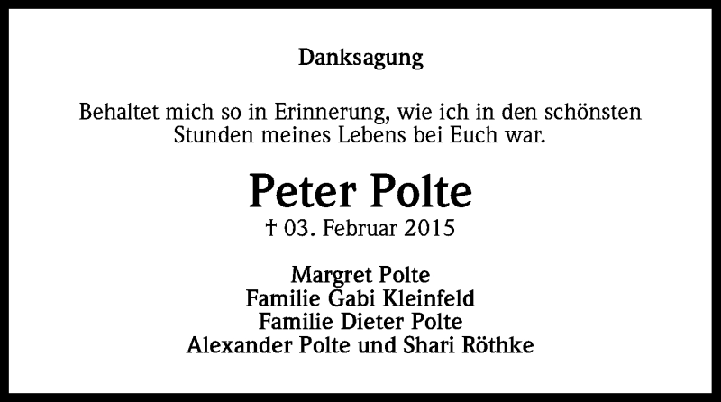  Traueranzeige für Peter Polte vom 28.03.2015 aus Kölner Stadt-Anzeiger / Kölnische Rundschau / Express