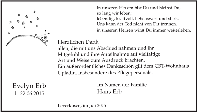  Traueranzeige für Evelyn Erb vom 29.07.2015 aus  Lokale Informationen 