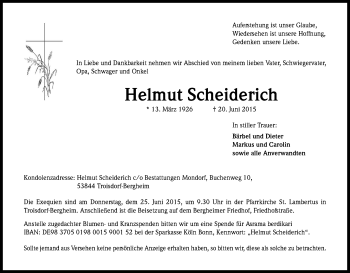 Anzeige von Helmut Scheiderich von Kölner Stadt-Anzeiger / Kölnische Rundschau / Express