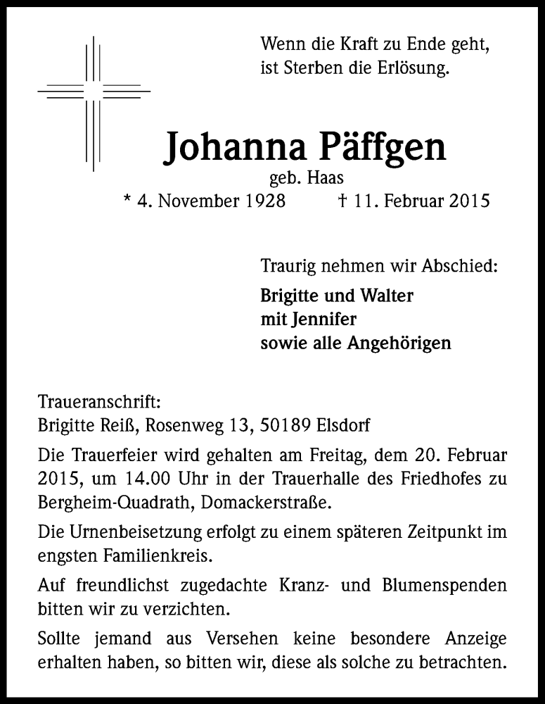  Traueranzeige für Johanna Päffgen vom 14.02.2015 aus Kölner Stadt-Anzeiger / Kölnische Rundschau / Express