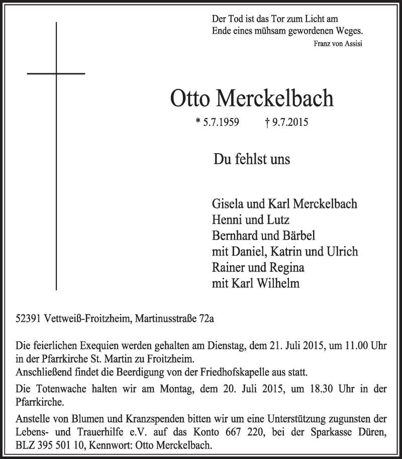  Traueranzeige für Otto Merckelbach vom 18.07.2015 aus  Sonntags-Post 