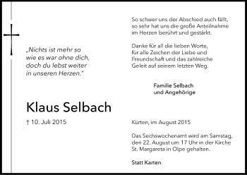 Anzeige von Klaus Selbach von Kölner Stadt-Anzeiger / Kölnische Rundschau / Express