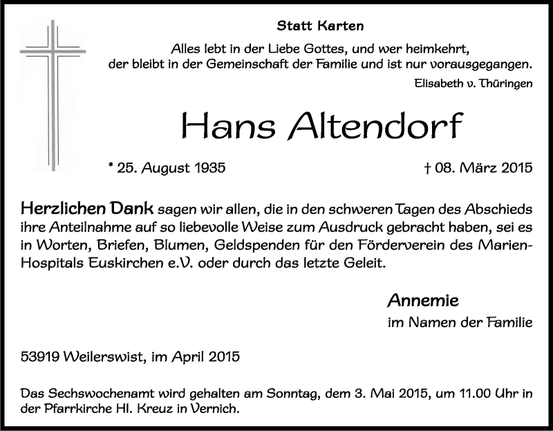  Traueranzeige für Hans Altendorf vom 25.04.2015 aus Kölner Stadt-Anzeiger / Kölnische Rundschau / Express