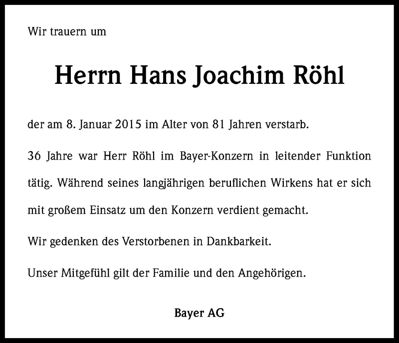  Traueranzeige für Hans Joachim Röhl vom 17.01.2015 aus Kölner Stadt-Anzeiger / Kölnische Rundschau / Express