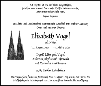 Anzeige von Elisabeth Vogel von Kölner Stadt-Anzeiger / Kölnische Rundschau / Express