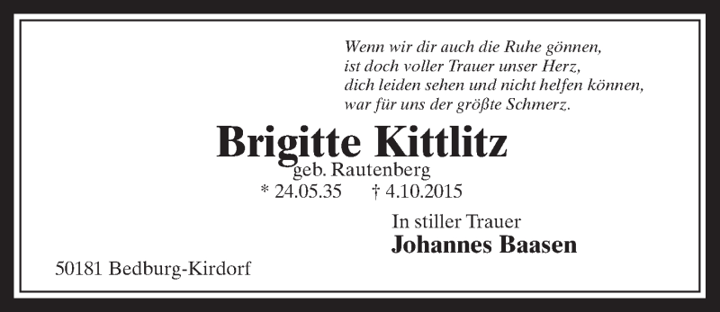  Traueranzeige für Brigitte Kittlitz vom 10.10.2015 aus  Sonntags-Post 