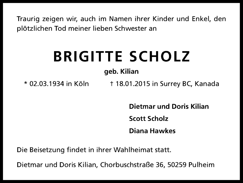  Traueranzeige für Brigitte Scholz vom 31.01.2015 aus Kölner Stadt-Anzeiger / Kölnische Rundschau / Express