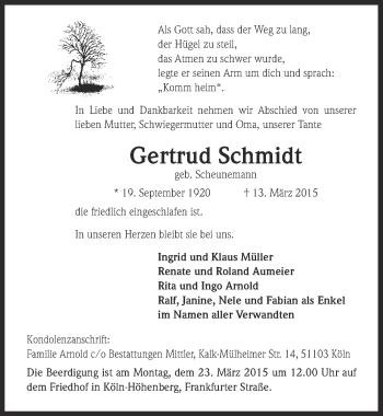 Anzeige von Gertrud Schmidt von  Kölner Wochenspiegel 