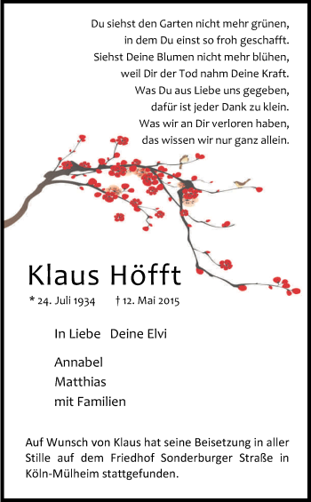 Anzeige von Klaus Höfft von Kölner Stadt-Anzeiger / Kölnische Rundschau / Express