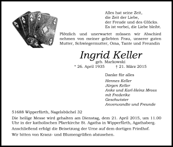 Anzeige von Ingrid Keller von Kölner Stadt-Anzeiger / Kölnische Rundschau / Express