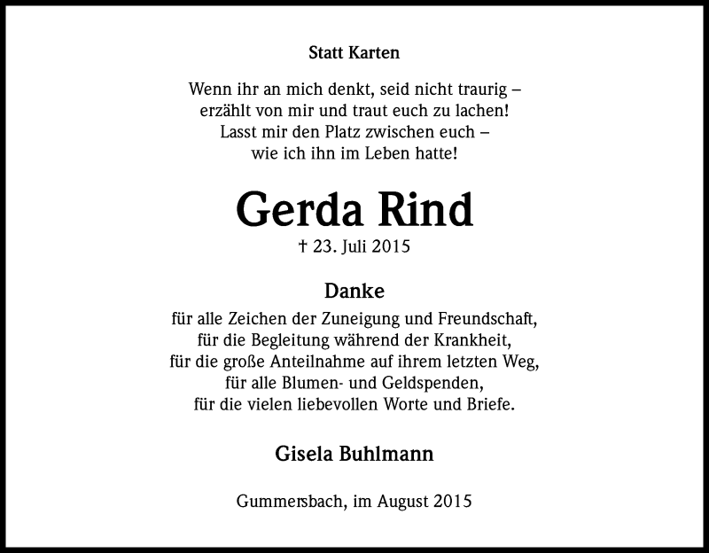  Traueranzeige für Gerda Rind vom 15.08.2015 aus Kölner Stadt-Anzeiger / Kölnische Rundschau / Express
