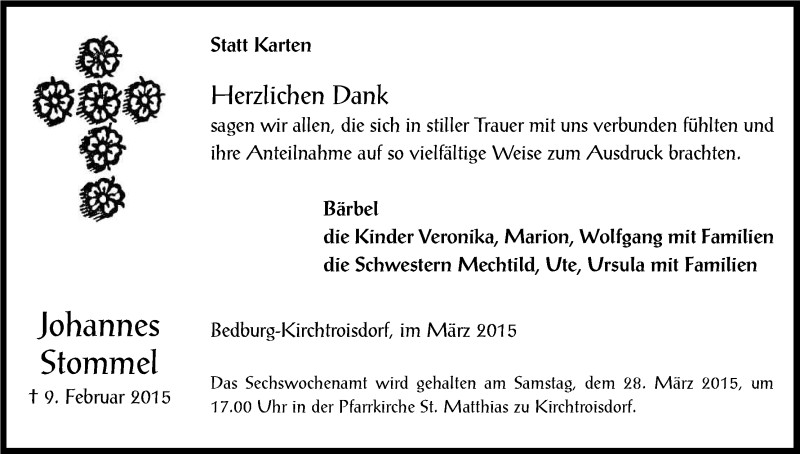  Traueranzeige für Johannes Stommel vom 18.03.2015 aus Kölner Stadt-Anzeiger / Kölnische Rundschau / Express