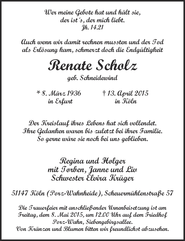  Traueranzeige für Renate Scholz vom 29.04.2015 aus  Kölner Wochenspiegel 