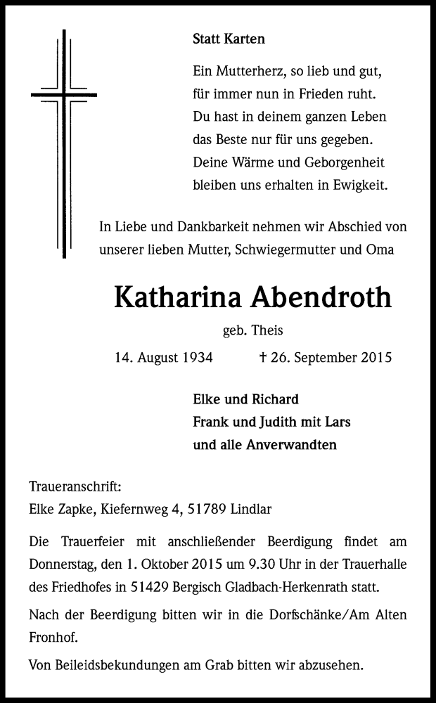  Traueranzeige für Katharina Abendroth vom 29.09.2015 aus Kölner Stadt-Anzeiger / Kölnische Rundschau / Express