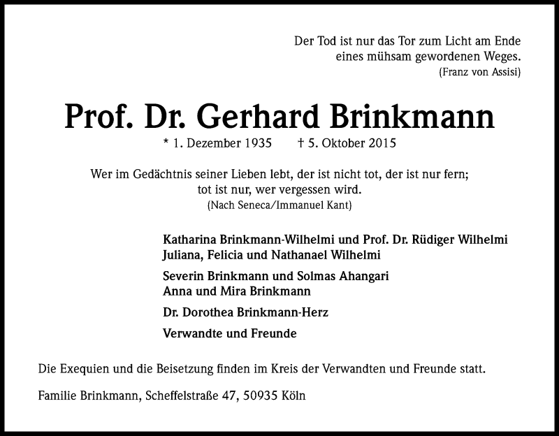  Traueranzeige für Gerhard Brinkmann vom 14.10.2015 aus Kölner Stadt-Anzeiger / Kölnische Rundschau / Express