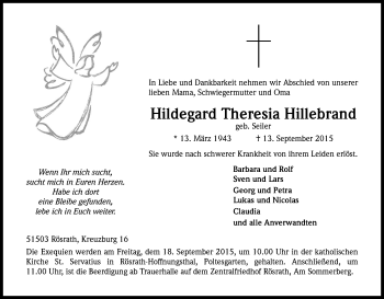 Anzeige von Hildegard Theresia Hillebrand von Kölner Stadt-Anzeiger / Kölnische Rundschau / Express