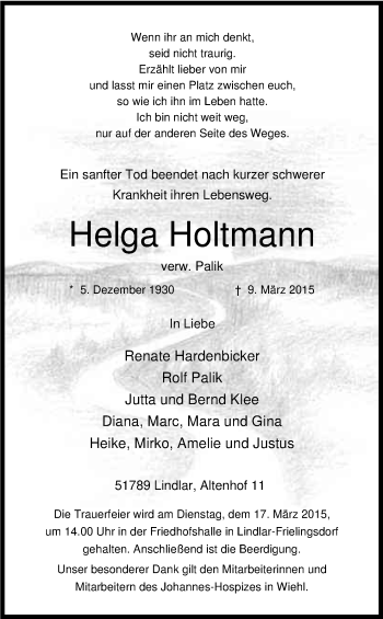 Anzeige von Helga Holtmann von Kölner Stadt-Anzeiger / Kölnische Rundschau / Express