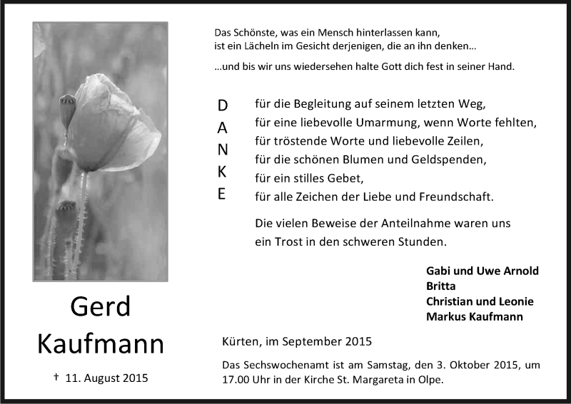  Traueranzeige für Gerd Kaufmann vom 26.09.2015 aus Kölner Stadt-Anzeiger / Kölnische Rundschau / Express