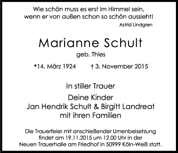 Anzeige von Marianne Schult von Köln - Wir Trauern