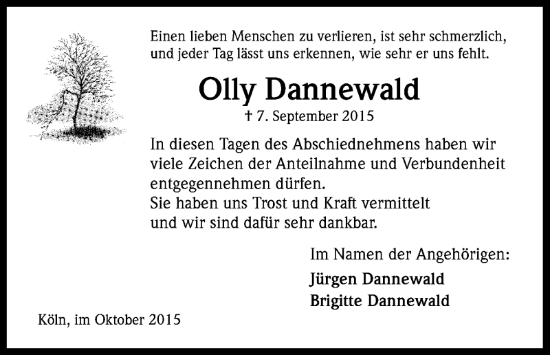  Traueranzeige für Olly Dannewald vom 17.10.2015 aus Kölner Stadt-Anzeiger / Kölnische Rundschau / Express