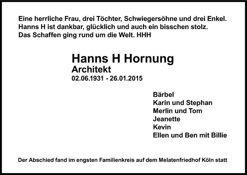  Traueranzeige für Hanns Hornung vom 14.02.2015 aus Kölner Stadt-Anzeiger / Kölnische Rundschau / Express
