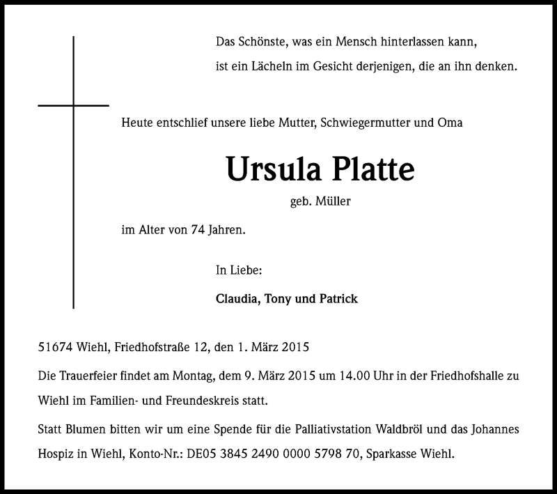  Traueranzeige für Ursula Platte vom 03.03.2015 aus Kölner Stadt-Anzeiger / Kölnische Rundschau / Express
