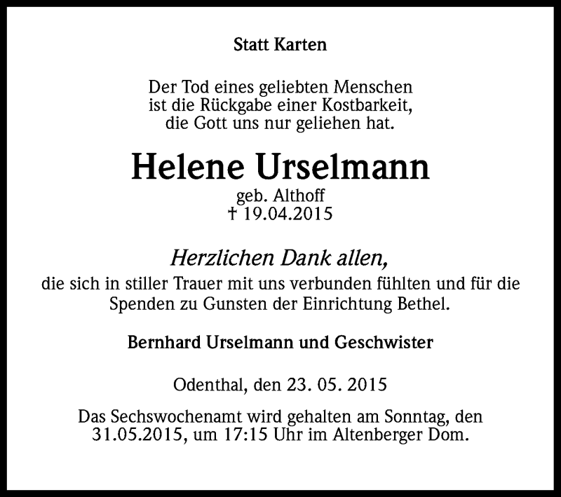  Traueranzeige für Helene Urselmann vom 23.05.2015 aus Kölner Stadt-Anzeiger / Kölnische Rundschau / Express