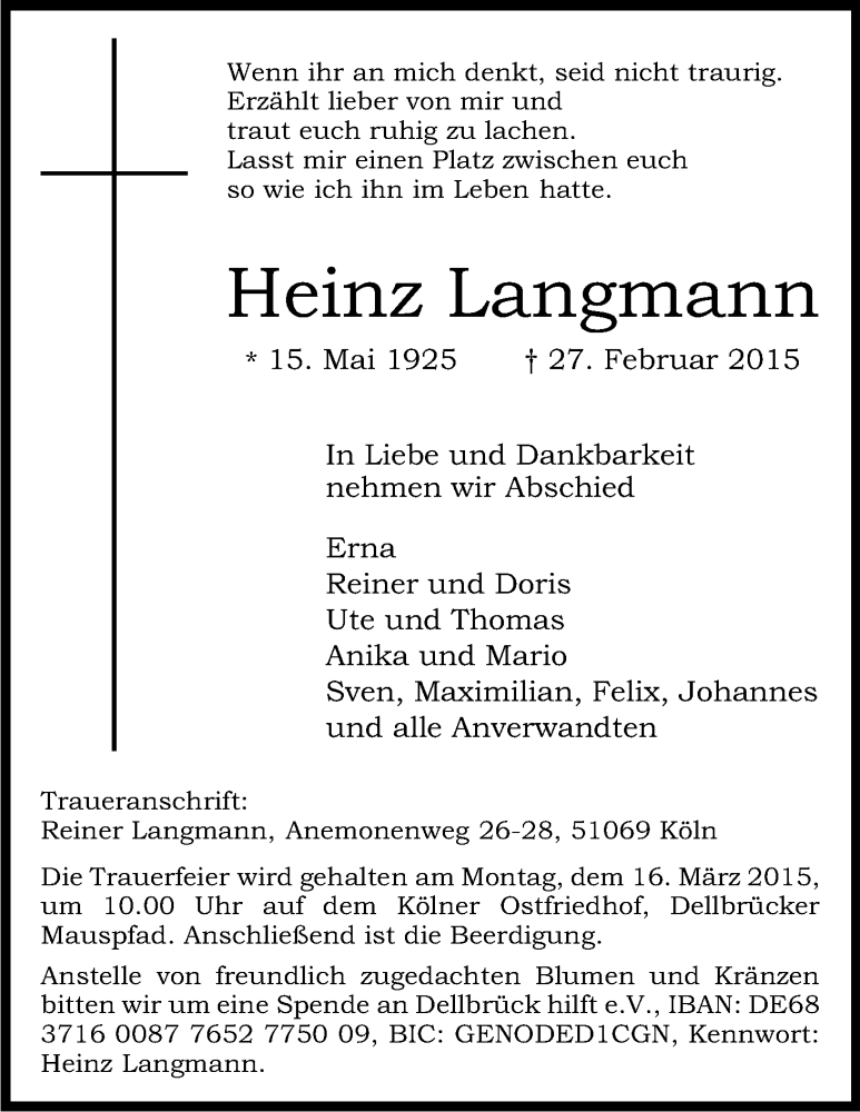  Traueranzeige für Heinz Langmann vom 07.03.2015 aus Kölner Stadt-Anzeiger / Kölnische Rundschau / Express