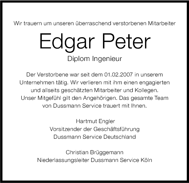  Traueranzeige für Edgar Peter vom 14.03.2015 aus Kölner Stadt-Anzeiger / Kölnische Rundschau / Express