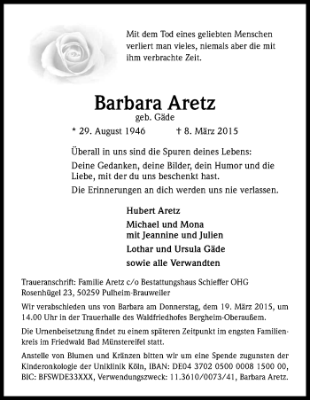 Anzeige von Barbara Aretz von Kölner Stadt-Anzeiger / Kölnische Rundschau / Express