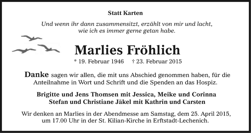  Traueranzeige für Marlies Fröhlich vom 18.04.2015 aus Kölner Stadt-Anzeiger / Kölnische Rundschau / Express