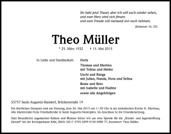Anzeige von Theo Müller von Kölner Stadt-Anzeiger / Kölnische Rundschau / Express