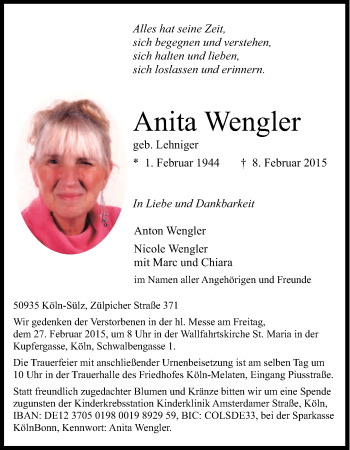 Anzeige von Anita Wengler von Kölner Stadt-Anzeiger / Kölnische Rundschau / Express