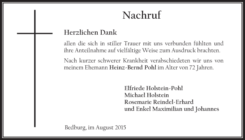  Traueranzeige für Heinz-Bernd Pohl vom 05.08.2015 aus  Werbepost 