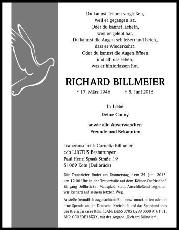 Anzeige von Richard Billmeier von Kölner Stadt-Anzeiger / Kölnische Rundschau / Express