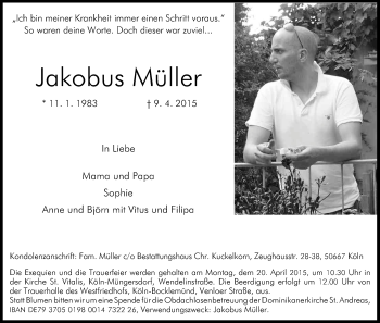 Anzeige von Jakobus Müller von Kölner Stadt-Anzeiger / Kölnische Rundschau / Express