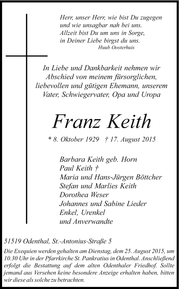  Traueranzeige für Franz Keith vom 19.08.2015 aus Kölner Stadt-Anzeiger / Kölnische Rundschau / Express