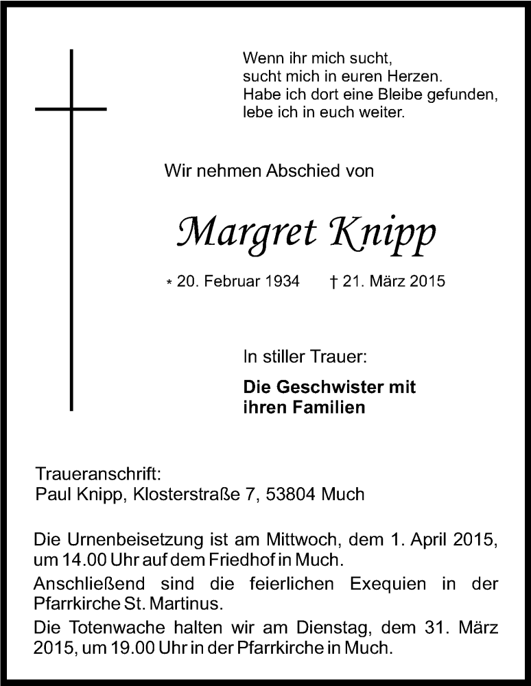  Traueranzeige für Margret Knipp vom 27.03.2015 aus Kölner Stadt-Anzeiger / Kölnische Rundschau / Express