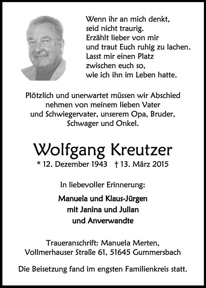  Traueranzeige für Wolfgang Kreutzer vom 27.03.2015 aus Kölner Stadt-Anzeiger / Kölnische Rundschau / Express