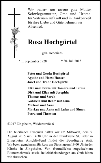 Anzeige von Rosa Hochgürtel von Kölner Stadt-Anzeiger / Kölnische Rundschau / Express