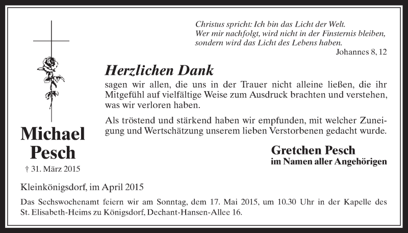  Traueranzeige für Michael Pesch vom 13.05.2015 aus  Wochenende 