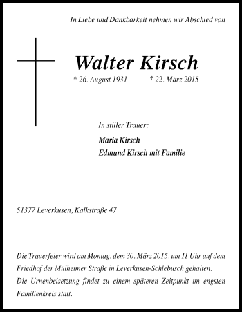 Anzeige von Walter Kirsch von Kölner Stadt-Anzeiger / Kölnische Rundschau / Express