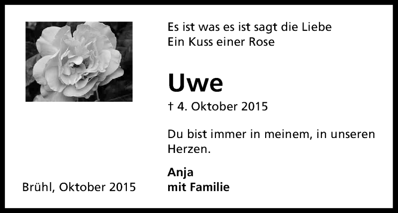  Traueranzeige für Uwe Kopp vom 10.10.2015 aus Kölner Stadt-Anzeiger / Kölnische Rundschau / Express