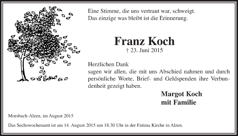  Traueranzeige für Franz Koch vom 05.08.2015 aus  Lokalanzeiger 